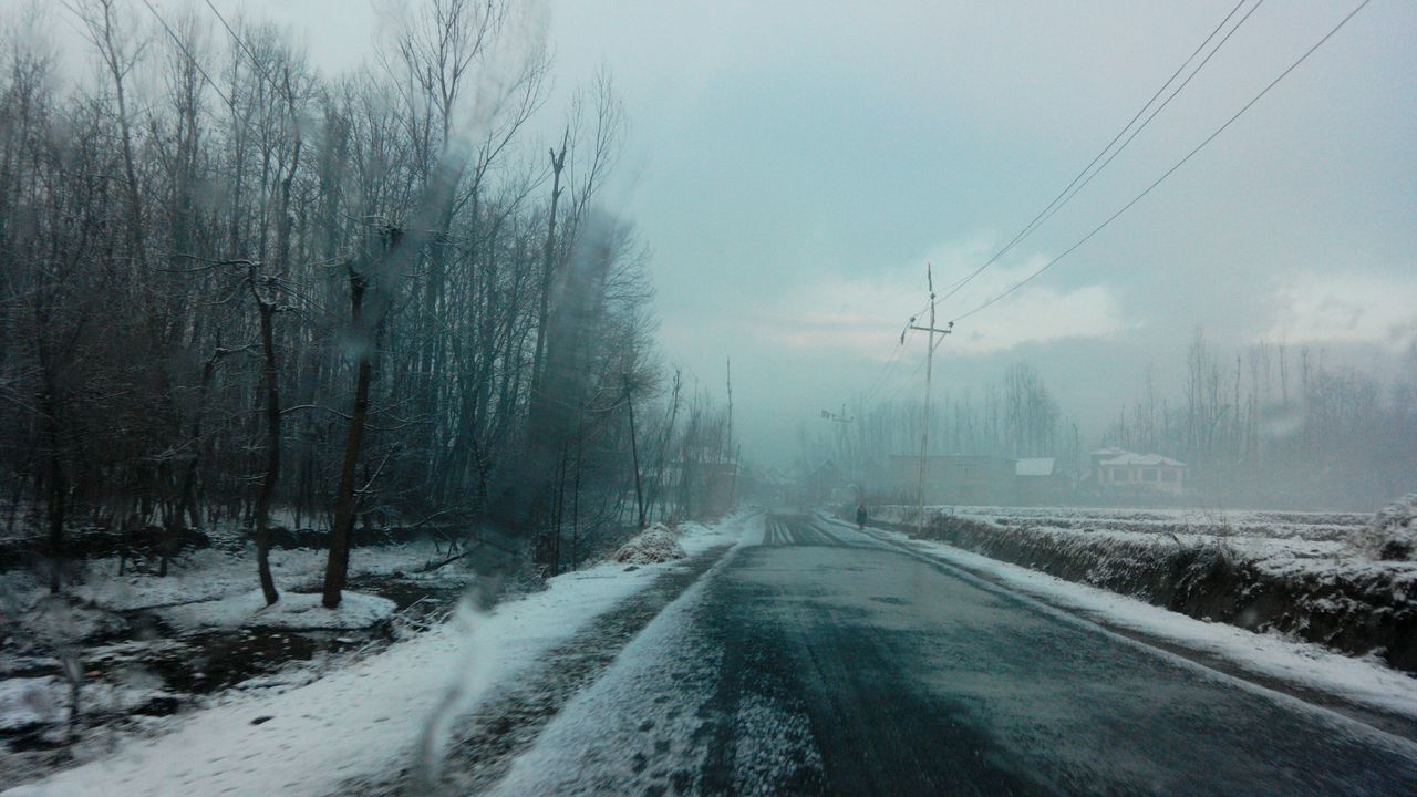 snow, winter, cold temperature, weather, the way forward, season, road, transportation, diminishing perspective, tree, vanishing point, nature, sky, covering, bare tree, tranquility, tranquil scene, landscape, frozen, country road