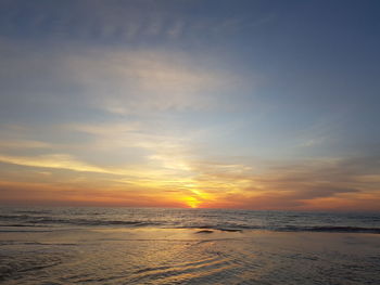 Scenic view of beach against sky during sunset