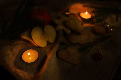 High angle view of illuminated christmas lights on table