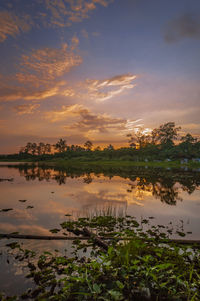 Scenic view of lake against sky at sunset