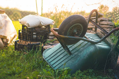 Wheelbarrow on field