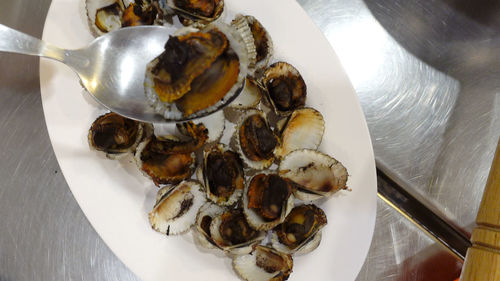 High angle view of food in plate on table