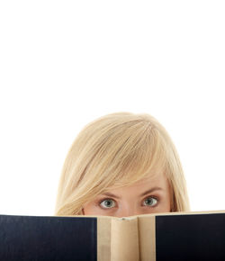 Portrait of woman against white background