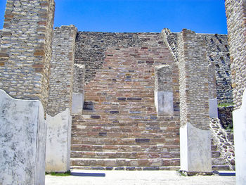 Low angle view of old building against clear blue sky