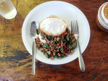 High angle view of breakfast served on table