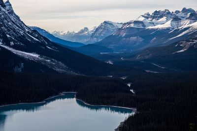 Scenic view of lake and snowcapped mountains against sky