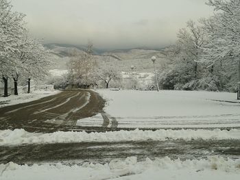 Snow covered landscape against sky