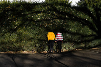 Rear view of friends holding hands while standing against bushes