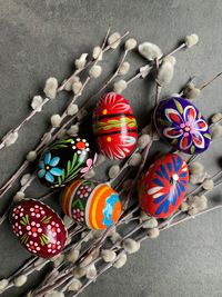 High angle view of multi colored candies in container