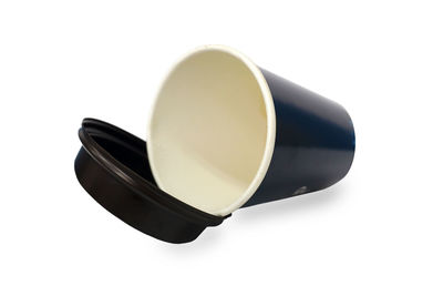 High angle view of camera on white background