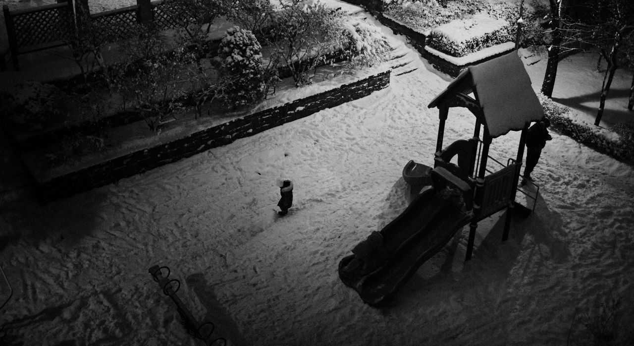 darkness, black, black and white, snow, monochrome, monochrome photography, high angle view, white, light, nature, day, tree, no people, seat, shadow, outdoors, screenshot, winter, water, architecture, transportation