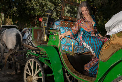 Rear view of a woman sitting against trees