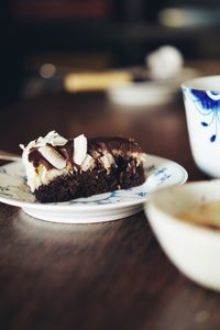 Close-up of cake served on table