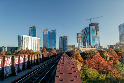 Railway bridge in city against clear blue sky