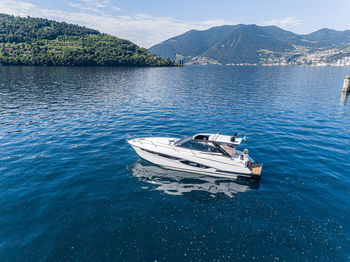 High angle view of boat moored on lake