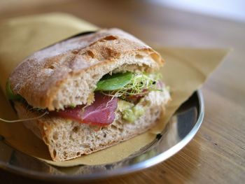 Close-up of sandwich in plate