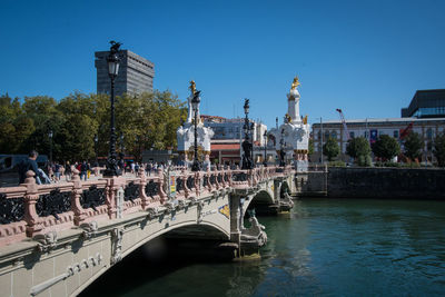 Bridge over canal against buildings in city