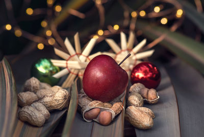 Close-up of christmas decorations on table