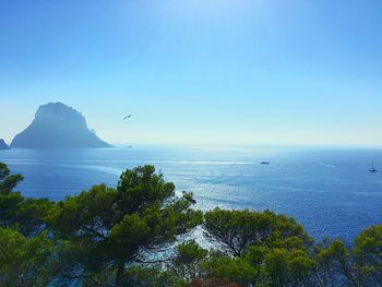 Scenic view of sea against clear blue sky