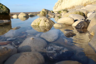 Rocks in sea against sky