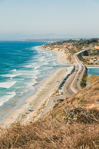 High angle view of beach against clear sky