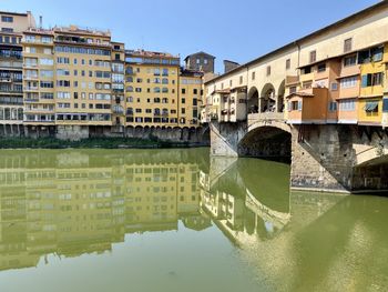 Arch bridge over canal by buildings against sky in city