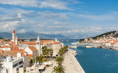 High angle city view of beautiful seaside town of trogir, croatia on coast of adriatic sea