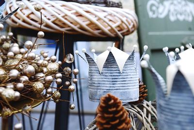 Close-up of wicker basket hanging at store