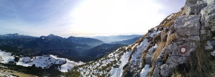 Panoramic view of snowcapped mountains against sky