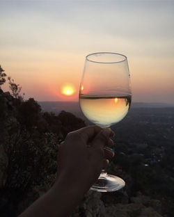 Hand holding drink against sky during sunset