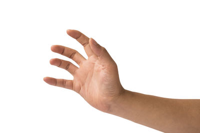 Close-up of human hand against white background