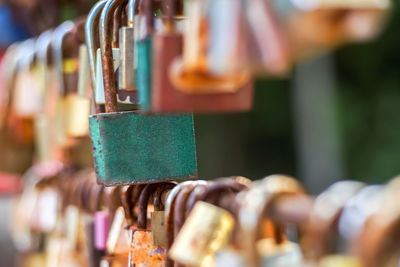 Close-up of padlocks hanging