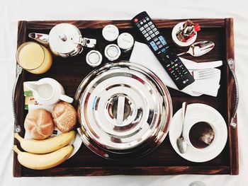 Directly above shot of breakfast served in tray on table