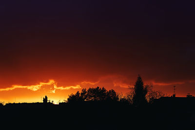 Silhouette trees against dramatic sky during sunset