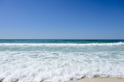 Scenic view of sea against clear blue sky