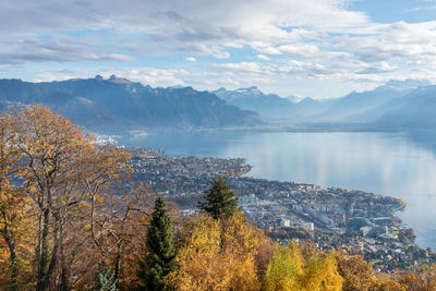 Panoramic view of lake geneva, vevey and the swiss alps from mont pelerin. travel and tourism
