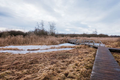 Wooden path leading through moorland in winter