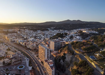 Aerial panoramic view of arenys de mar city at dawn. located in el maresme, barcelona, spain