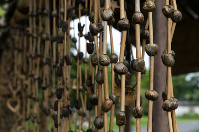 Close-up of rusty metal hanging on wood