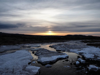 Scenic view of frozen sea against sky during sunset