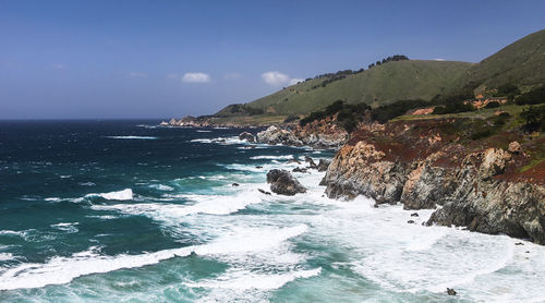 Scenic view of sea and mountains against sky