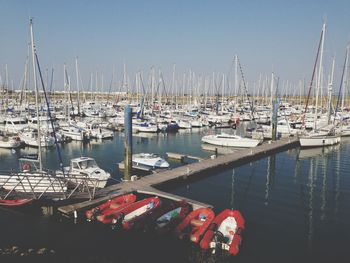 Boats moored at harbor against clear sky