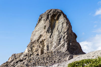 Low angle view of rock formation on mountain against sky