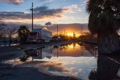 Reflection of trees in water at sunset