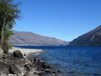 Scenic view of sea against clear blue sky