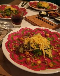 High angle view of meal served on table