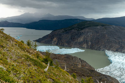 Scenic view of lake and mountains against sky