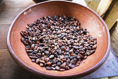 High angle view of eggs in bowl on table