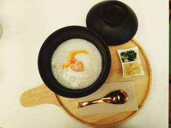 High angle view of food in bowl on table