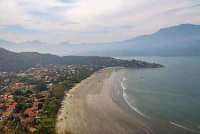 Scenic view of sea and mountains against sky